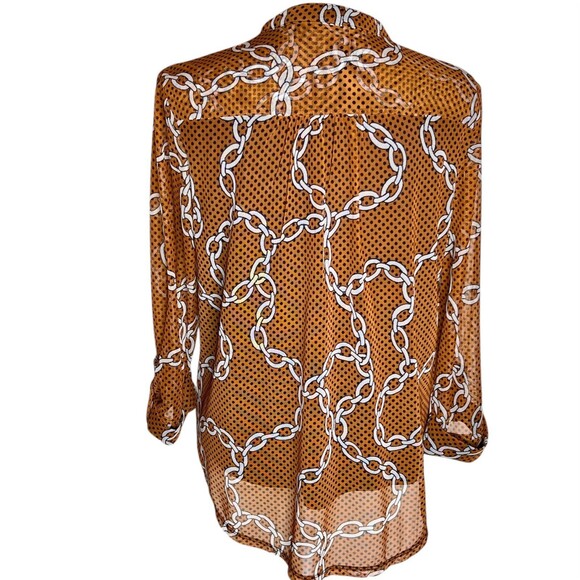 New Direction Top Sz L Mocha And White Chainlink Print Mesh With Lining Pleats - Picture 3 of 8